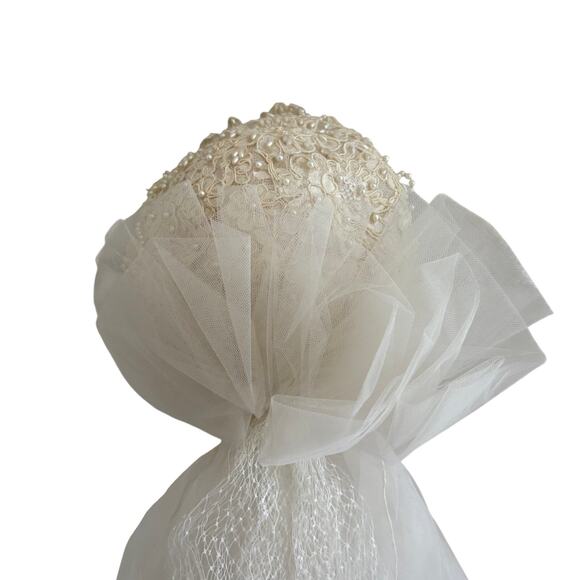 Vintage Faux Pearl Beaded Bridal Wedding Veil Juliet Cap Lace Tulle Bow Romantic